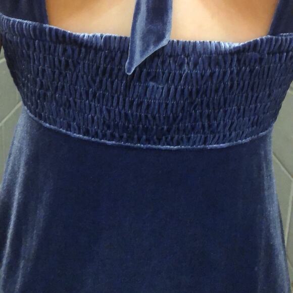 Free People Velour Velvet Smocked Ruffle Babydoll Tie Back Dress Blue Small - Picture 3 of 6